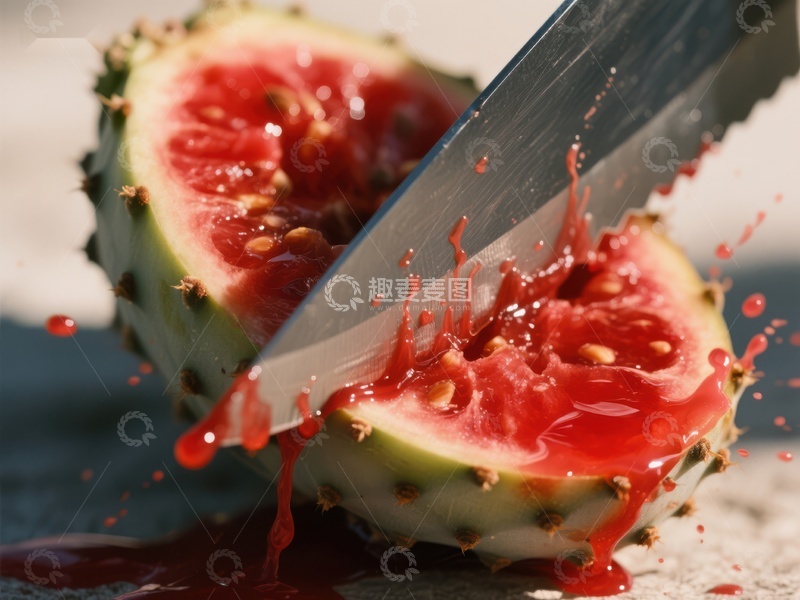 高清大图下载【趣麦麦图】刀切仙人掌果，汁液四溅