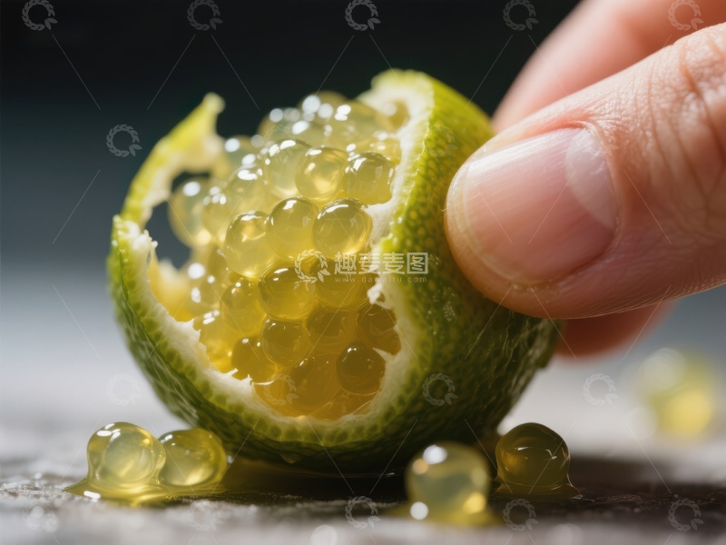 高清大图下载【趣麦麦图】手指挤压柠檬，释放果肉珍珠