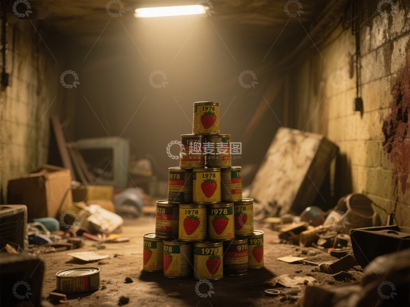 废弃仓库中的罐头金字塔