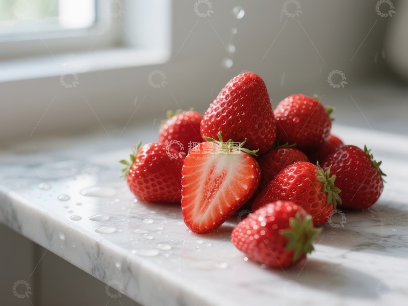 高清大图下载【趣麦麦图】新鲜草莓堆放在大理石台面上