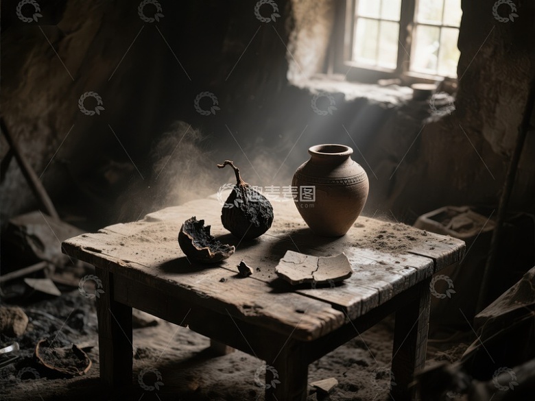 古旧房间中的陶罐与干果
