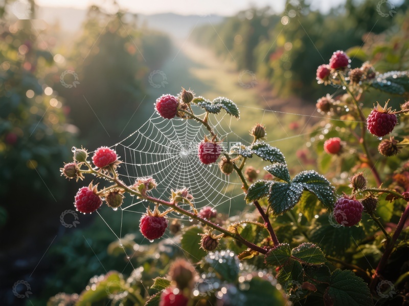 高清大图下载【趣麦麦图】晨曦中的覆盆子与蛛网