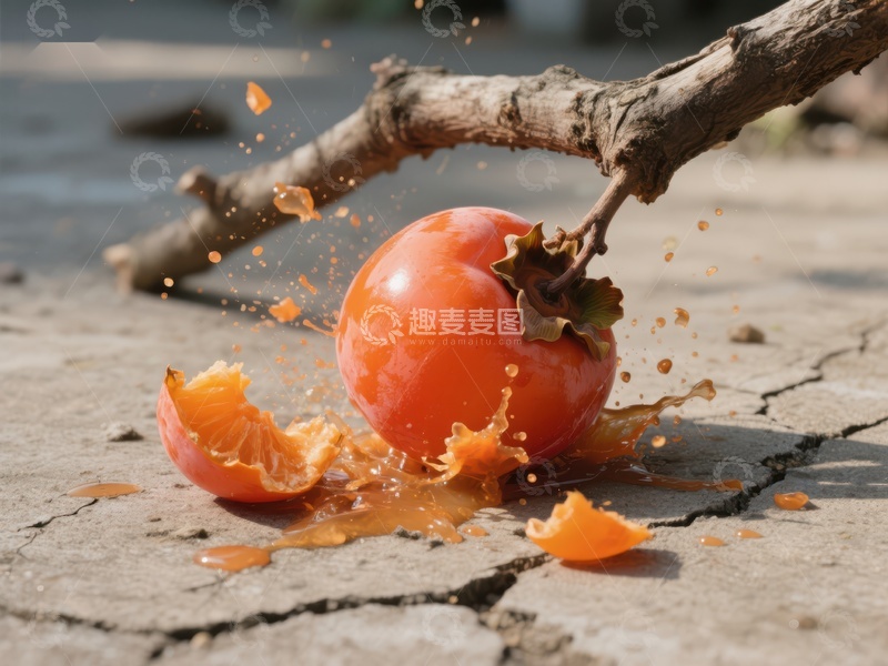 高清大图下载【趣麦麦图】柿子落地破裂，汁液四溅