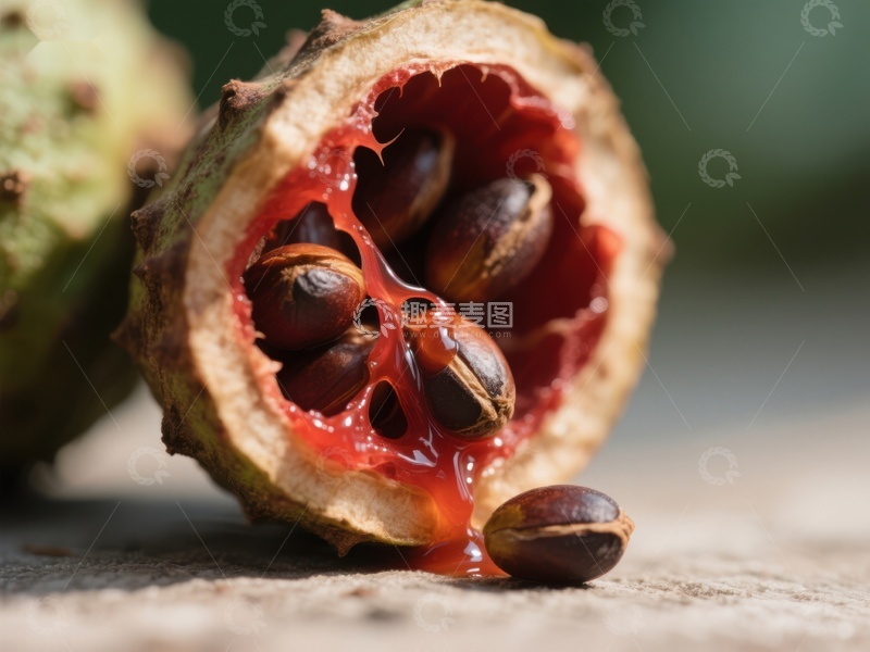 高清大图下载【趣麦麦图】新鲜果实剖开，露出红色果肉和种子