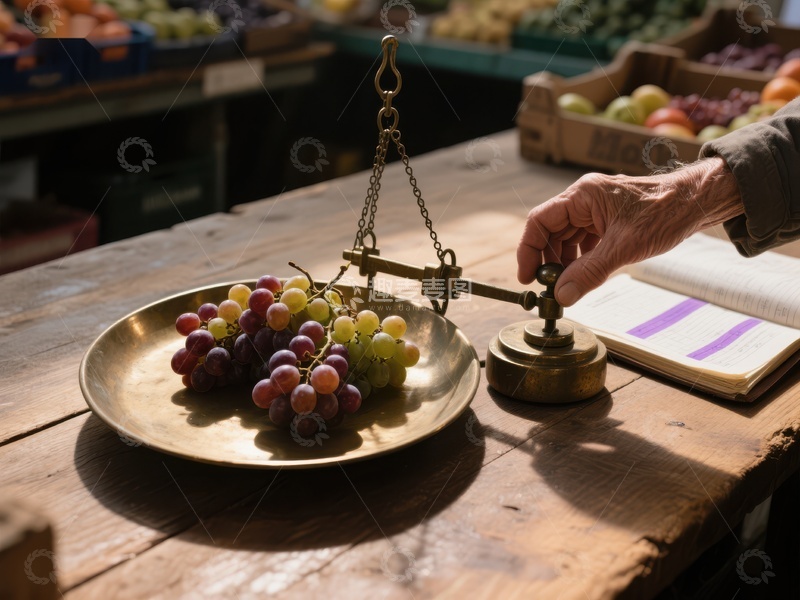 市场摊位上的葡萄称重