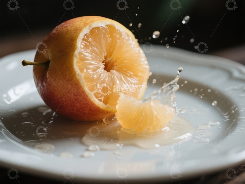 高清大图下载【趣麦麦图】切开的梨子与飞溅的果汁