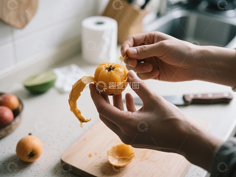 厨房中剥橙子的双手