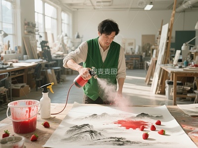 艺术家在工作室创作水墨画