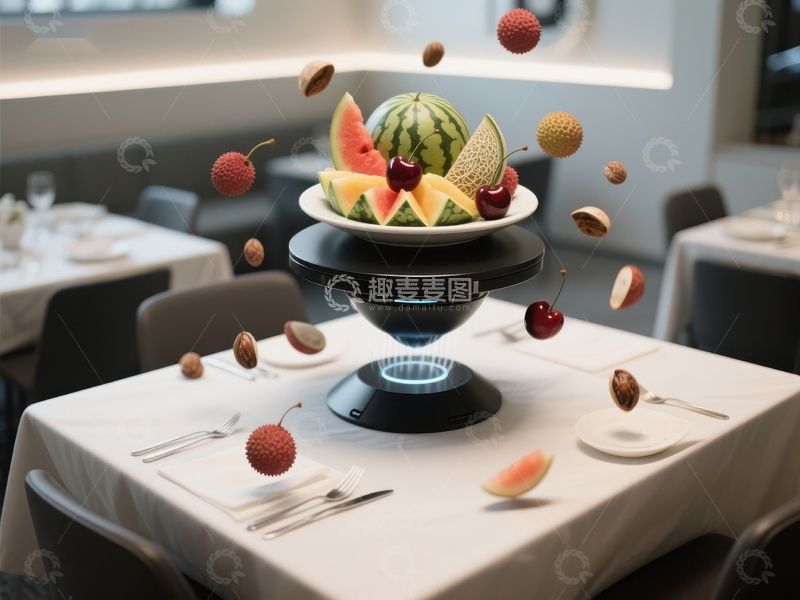 高清大图下载【趣麦麦图】悬浮水果盘，现代餐厅的科技艺术