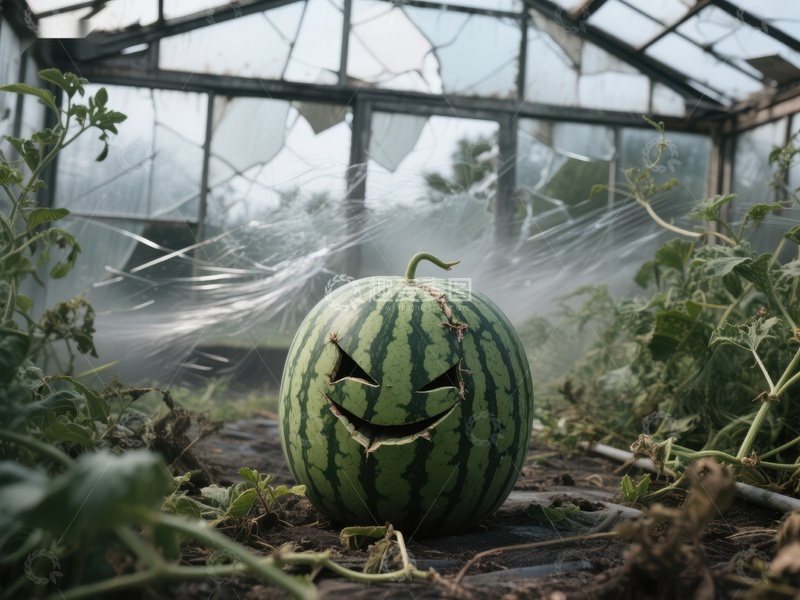 高清大图下载【趣麦麦图】-破败温室中的裂纹西瓜