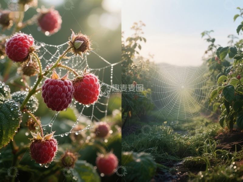 高清大图下载【趣麦麦图】晨露中的覆盆子与蛛网
