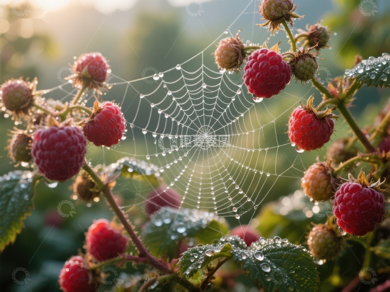 高清大图下载【趣麦麦图】晨露中的蛛网与覆盆子