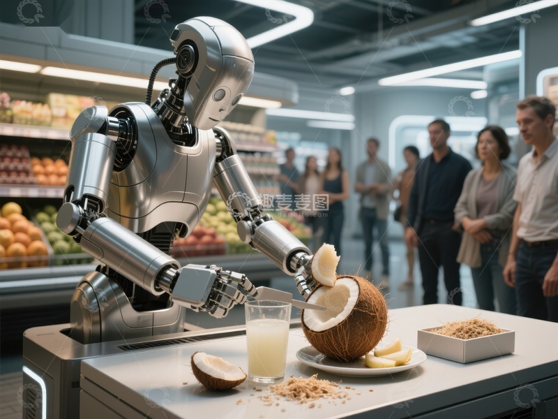高清大图下载【趣麦麦图】机器人在超市制作椰子饮品