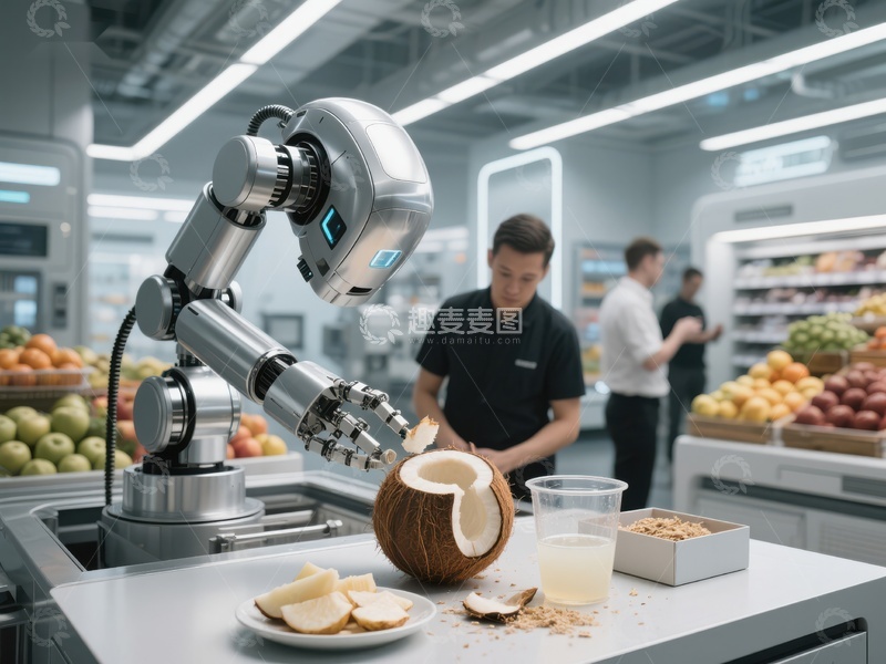 高清大图下载【趣麦麦图】机器人在超市准备椰子饮品