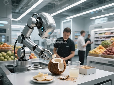 机器人在超市准备椰子饮品