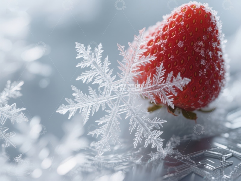 高清大图下载【趣麦麦图】冰霜覆盖的草莓与雪花