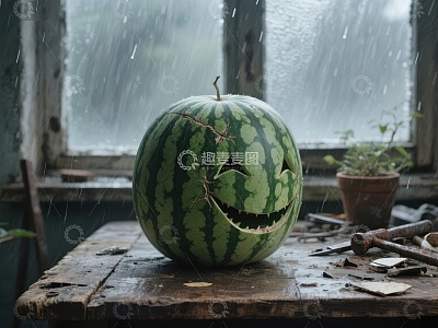 雨中窗台上的雕刻西瓜