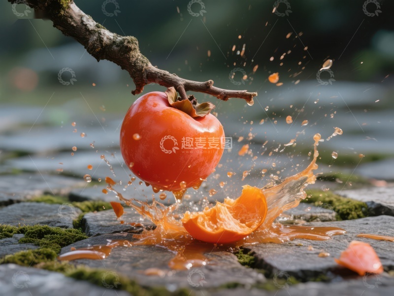 高清大图下载【趣麦麦图】-柿子落地瞬间，汁液四溅
