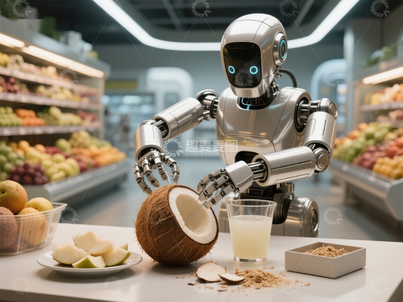 高清大图下载【趣麦麦图】机器人在超市制作椰子饮品