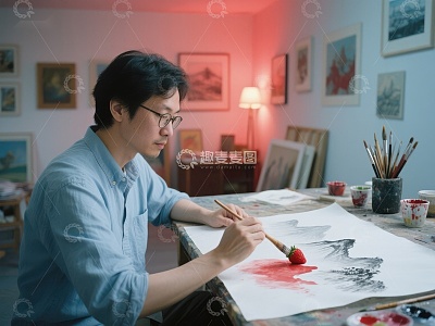 画家专注创作水墨画