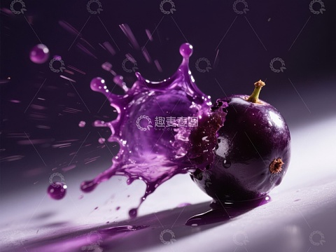 紫色浆果撞击瞬间，汁液四溅