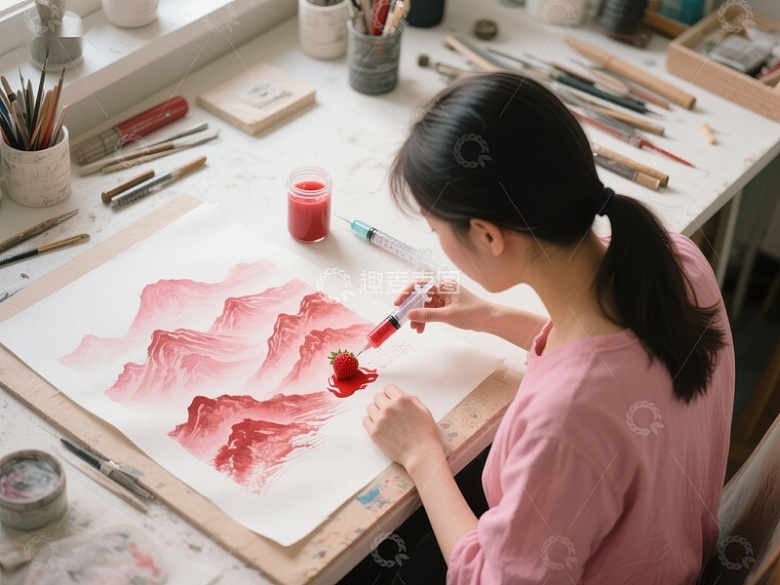 女子专注绘制山水画