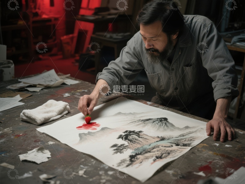 高清大图下载【趣麦麦图】艺术家专注创作水墨山水画