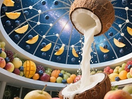 椰子倾倒牛奶，环绕水果星座背景