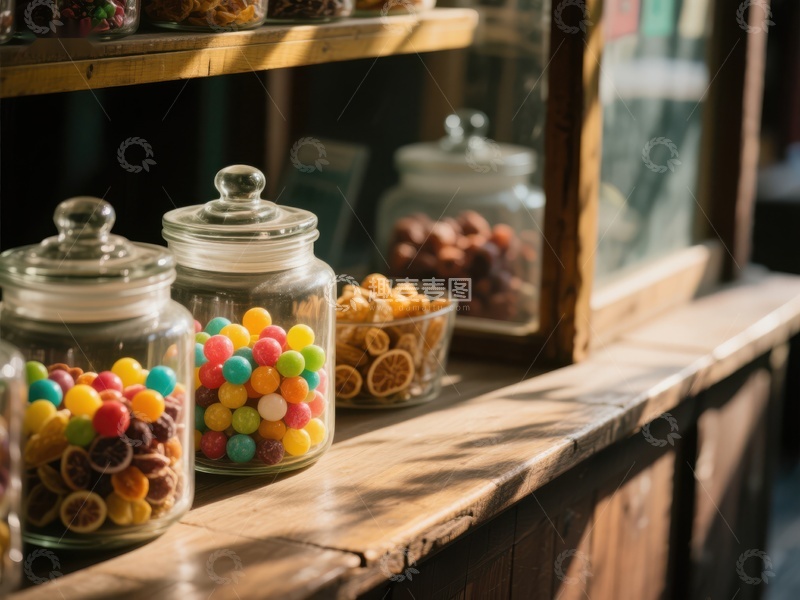 高清大图下载【趣麦麦图】糖果罐与干果陈列在木质窗台上