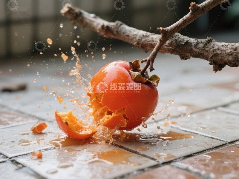 高清大图下载【趣麦麦图】-柿子落地爆裂，汁液四溅