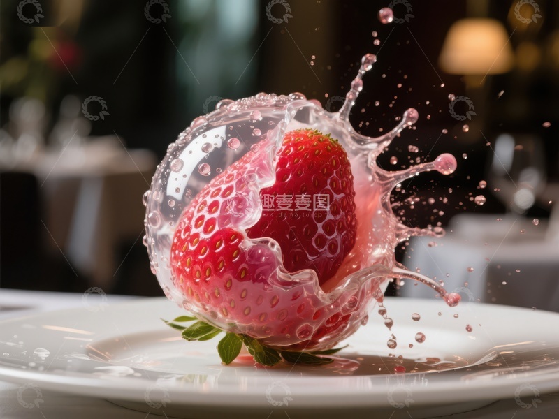 高清大图下载【趣麦麦图】草莓落入水中，溅起水花