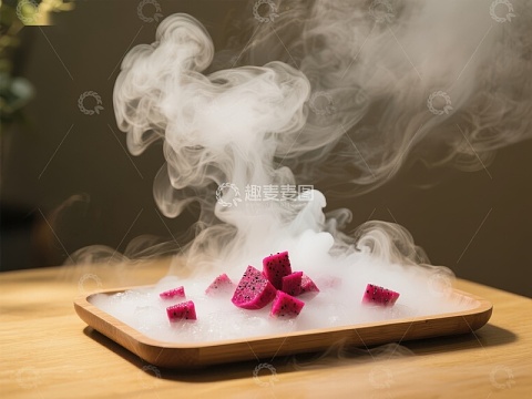 烟雾缭绕的木盘上的粉色方块