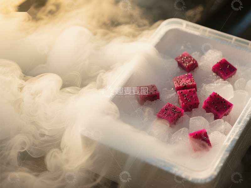 高清大图下载【趣麦麦图】冰块中的火龙果丁散发冷雾