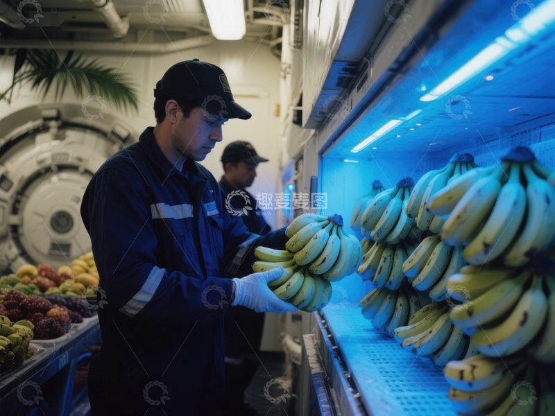 高清大图下载【趣麦麦图】工人在冷藏库中检查香蕉