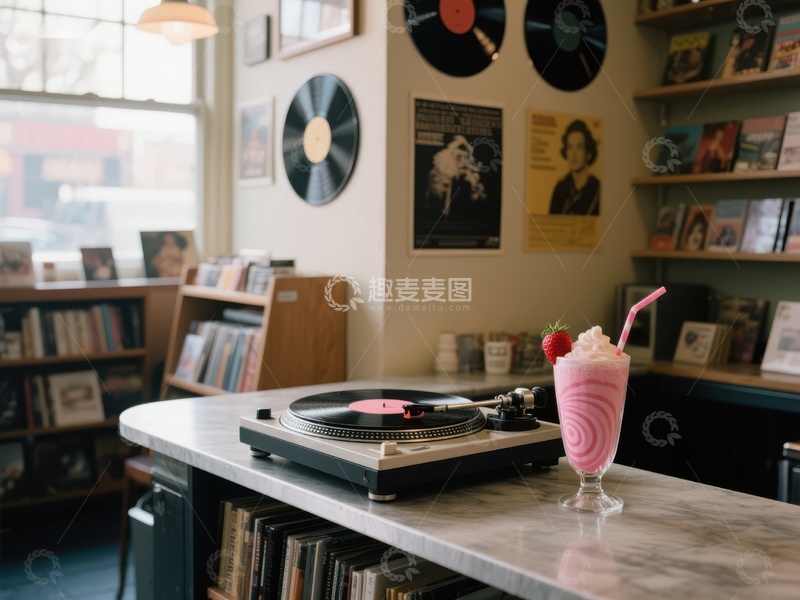 高清大图下载【趣麦麦图】唱片机旁的粉色奶昔