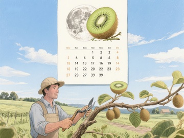 农夫修剪果树，背景挂历与奇异果