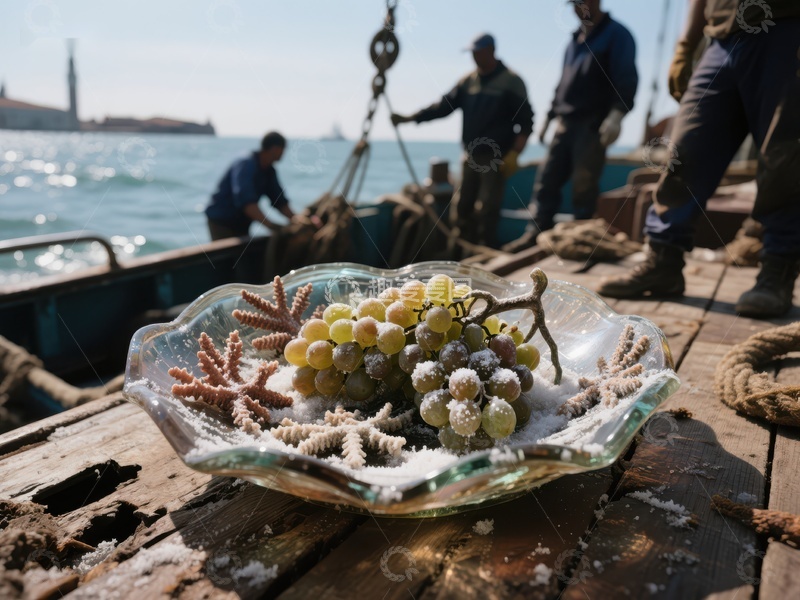 高清大图下载【趣麦麦图】海边木桌上摆放着葡萄与珊瑚