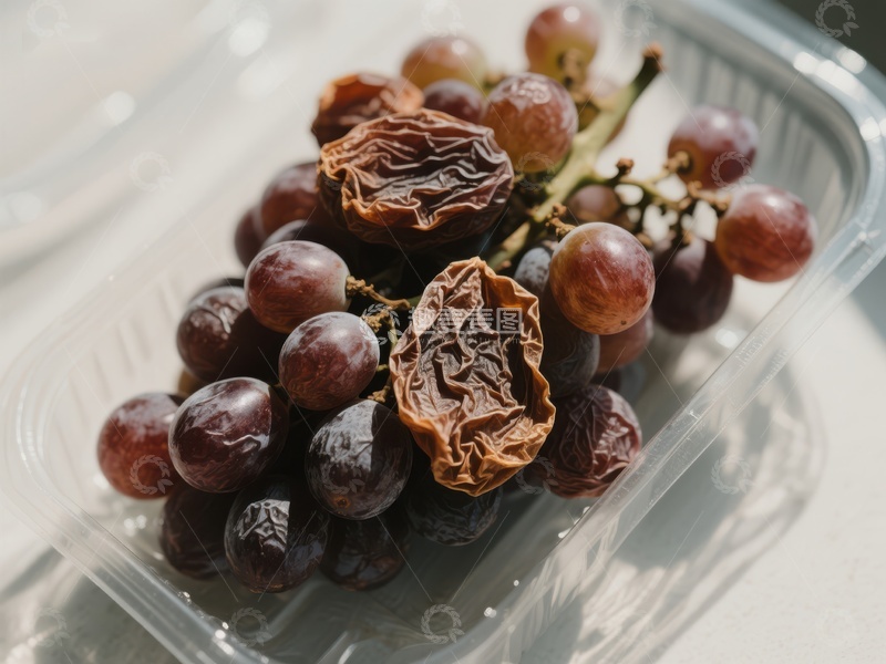 高清大图下载【趣麦麦图】部分干瘪的葡萄在透明塑料盒中