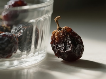 干果特写：透明碗旁的单一果实