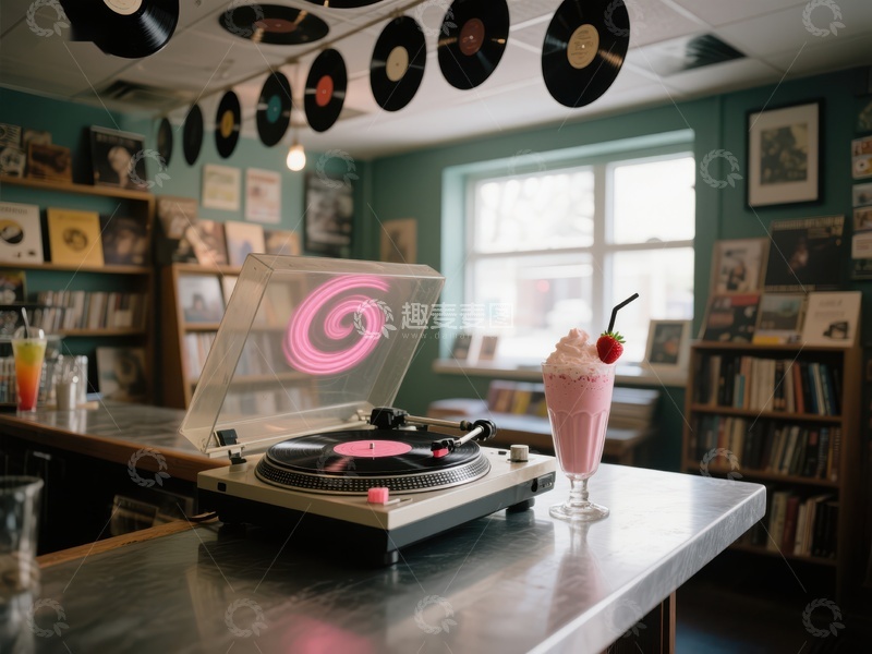 高清大图下载【趣麦麦图】唱片机与草莓奶昔的复古时光