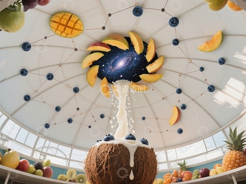 水果穹顶与银河交融的奇幻场景