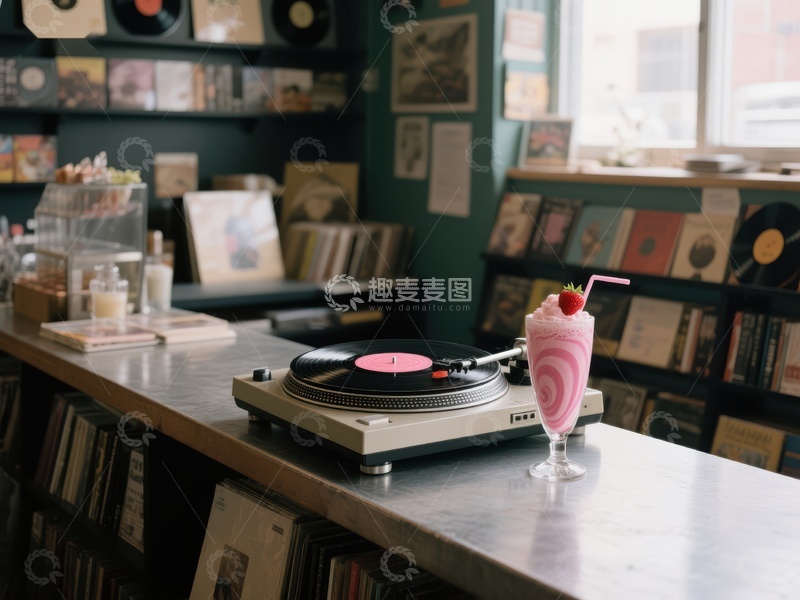 高清大图下载【趣麦麦图】黑胶唱片与粉色奶昔的复古角落