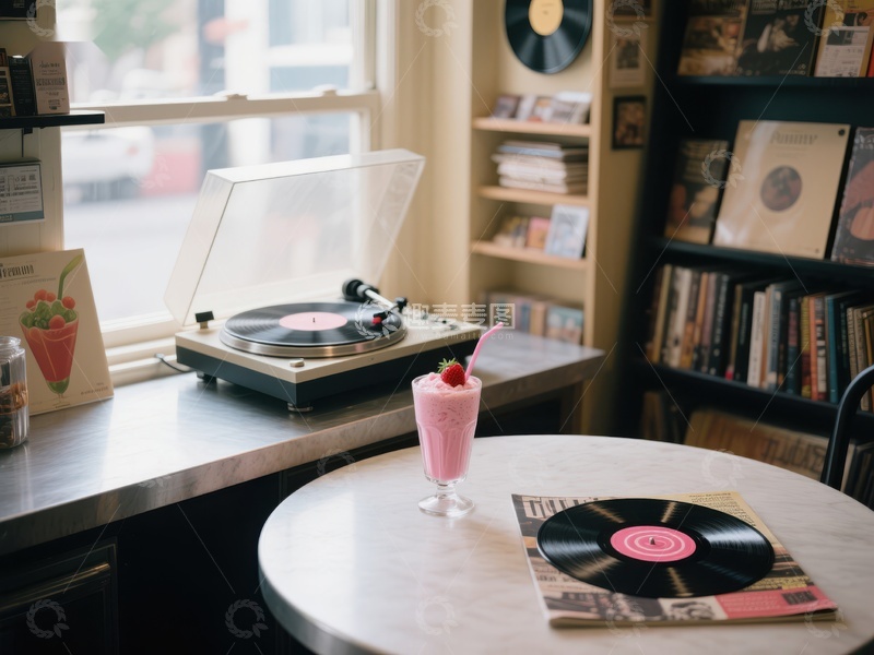 高清大图下载【趣麦麦图】黑胶唱片与奶昔的复古时光