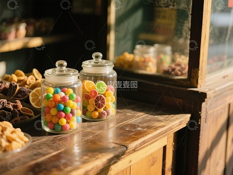 玻璃罐中的彩色糖果与干果