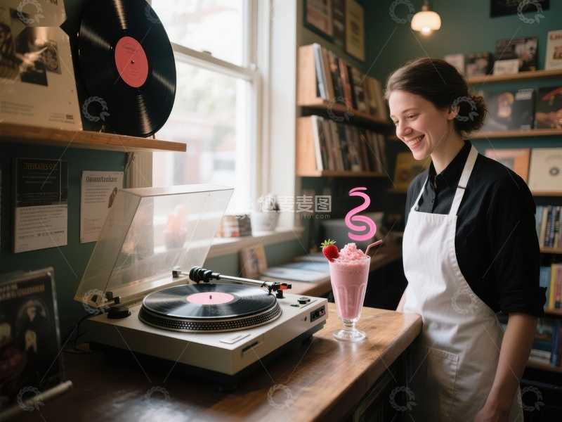 女子在唱片店享受奶昔与音乐
