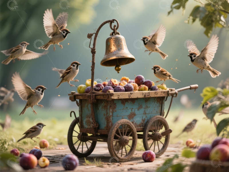 高清大图下载【趣麦麦图】鸟儿围绕手推车与铃铛