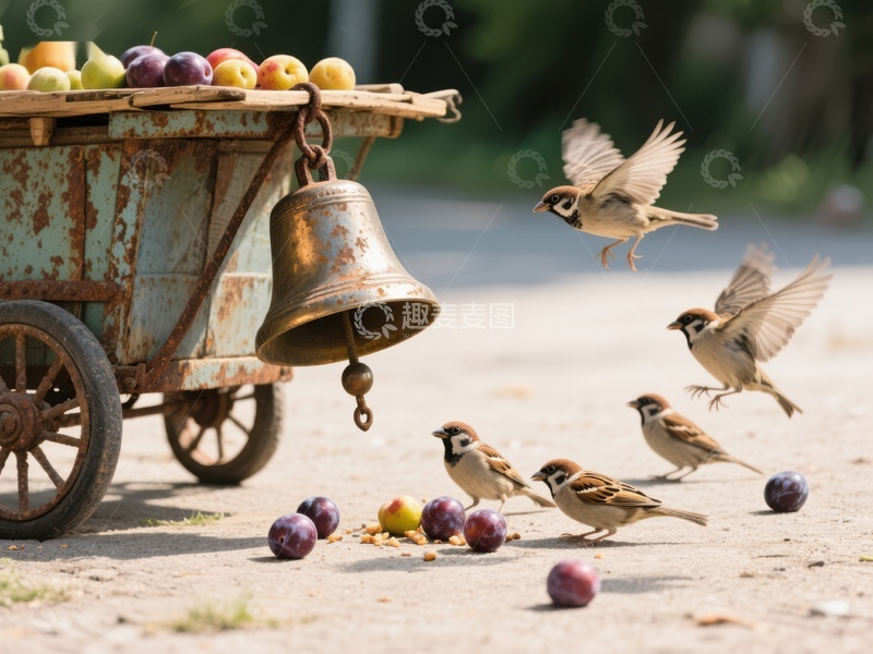 高清大图下载【趣麦麦图】小鸟围绕旧推车觅食