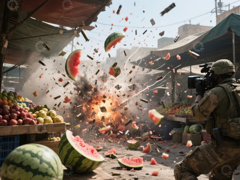 市场爆炸瞬间，西瓜四散飞溅
