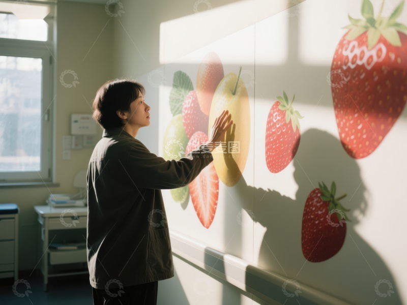 高清大图下载【趣麦麦图】教室中触摸投影草莓图案的学生