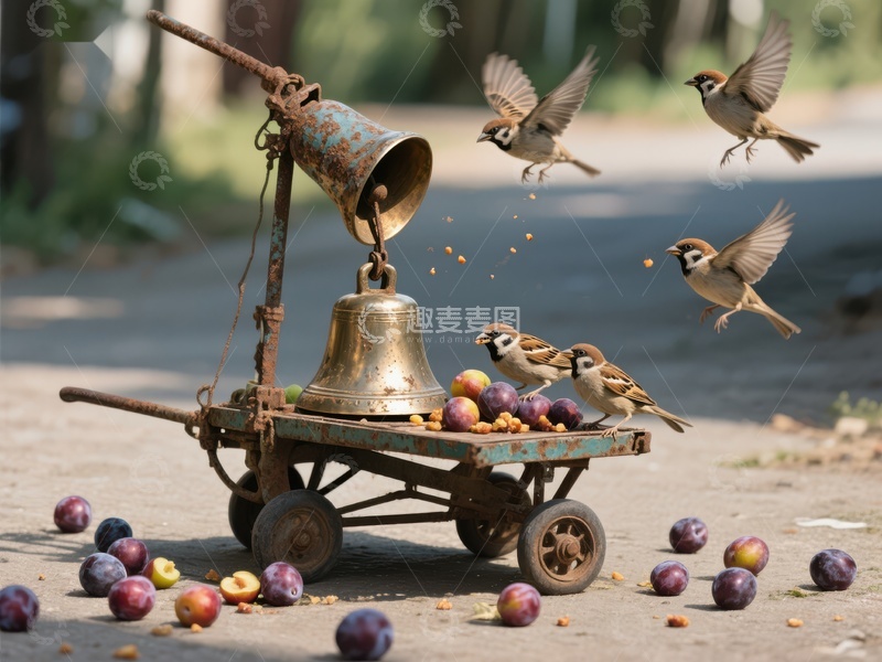 高清大图下载【趣麦麦图】小鸟围绕铃铛车觅食